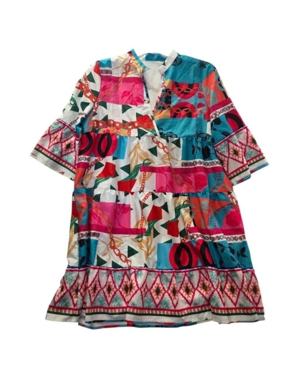 Boho Multicolor Patchwork Tiered Tunic Dress L